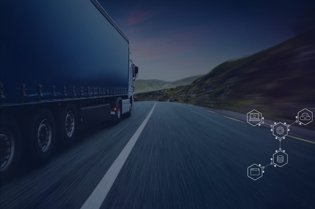 image with truck on highway and icons