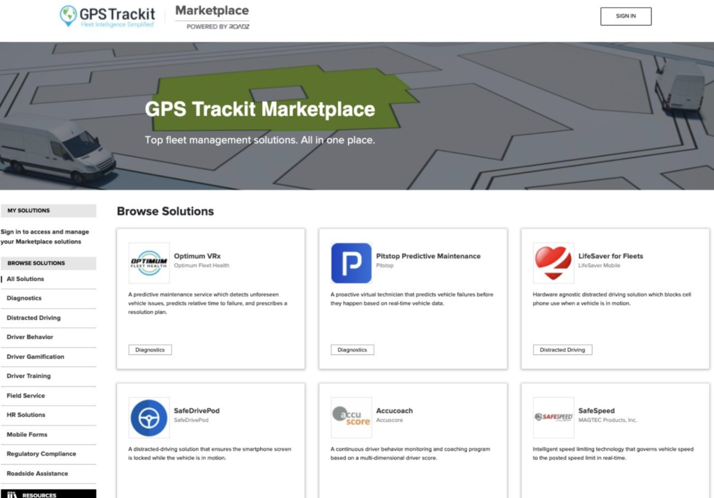 screenshot of the gps trackit marketplace